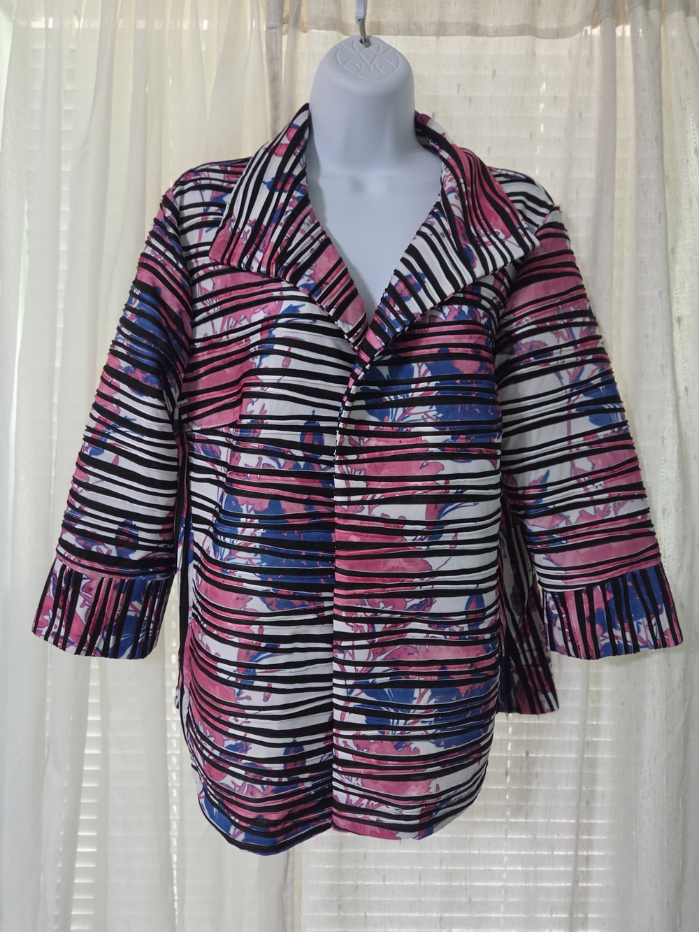 No Brand Women’s Pink & Blue Striped Floral Blazer Jacket